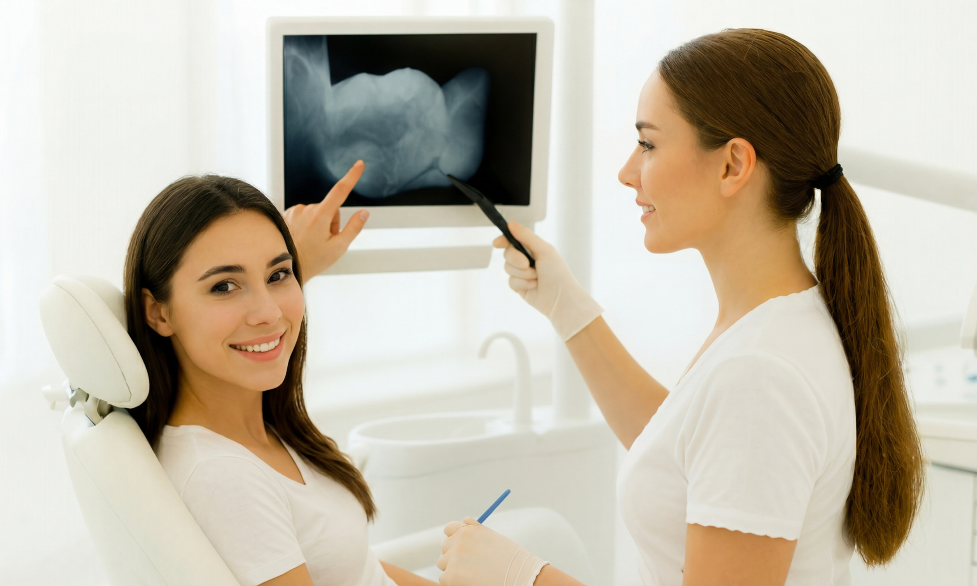 Dentiste expliquant un traitement sur écran à une patiente, représentant une approche raisonnée et des soins adaptés au Cabinet Châtillon Genève.