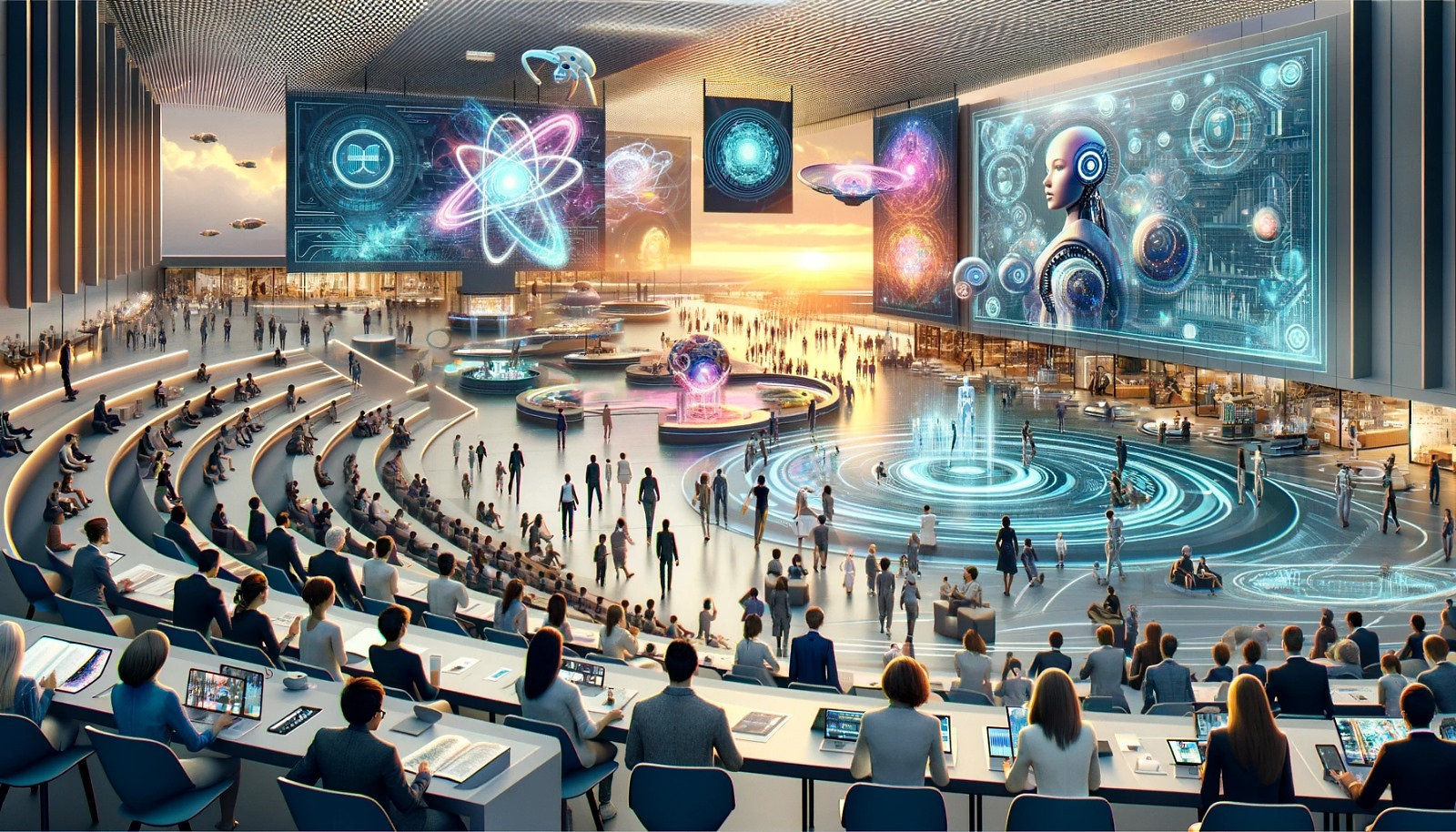 A futuristic gathering place showcasing artificial intelligence and innovation