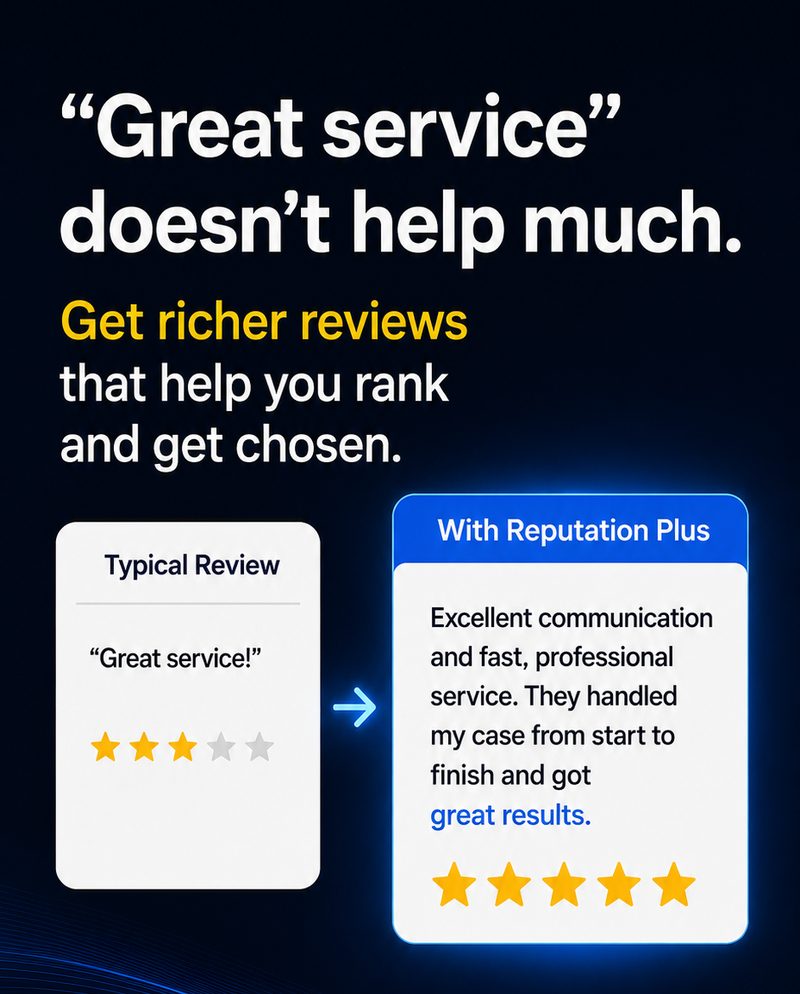 A typical three-word review next to a detailed Reputation Plus review that names the service and the result.