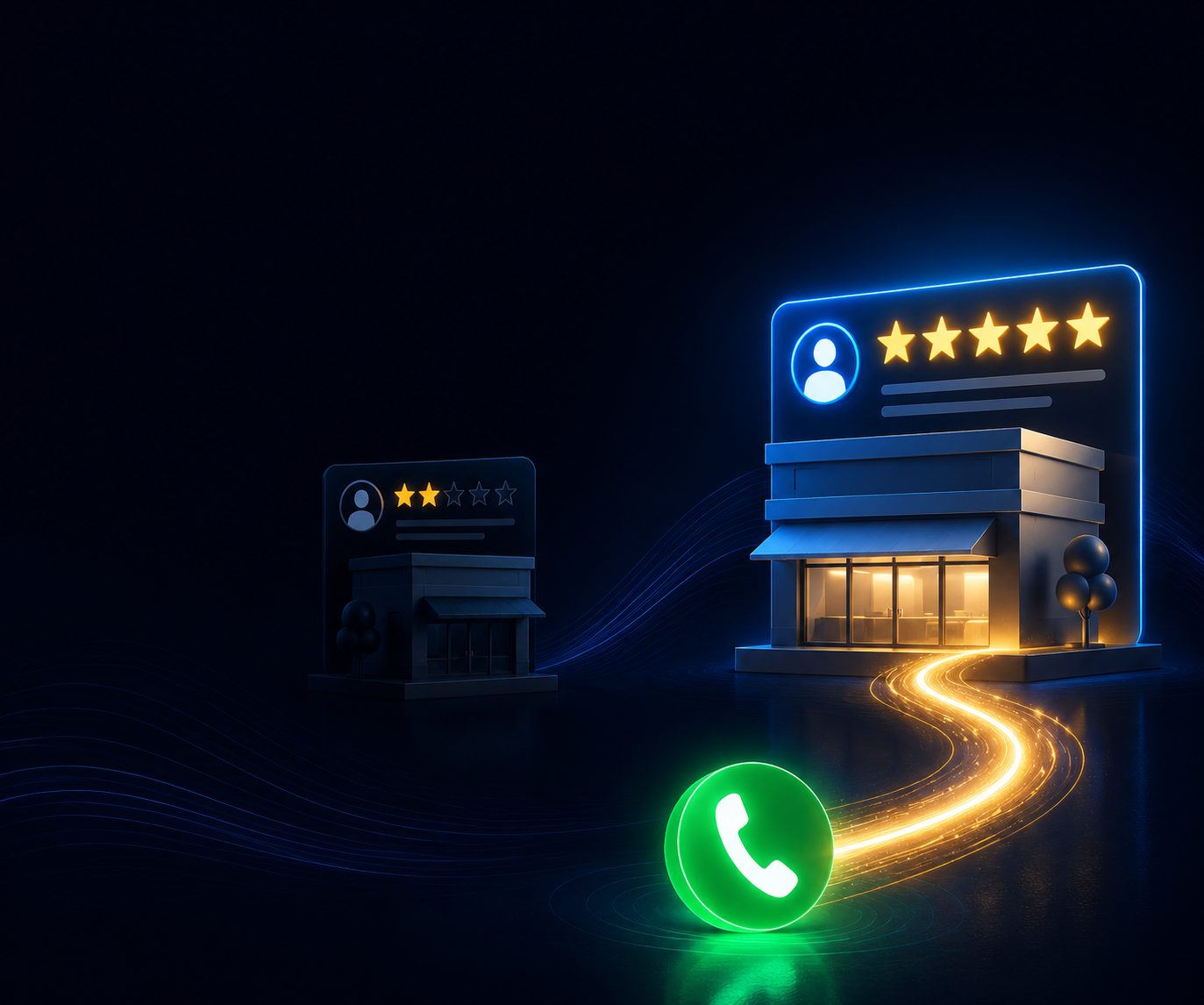 Two storefronts side by side. The one with five-star reviews has the phone call routed to it.