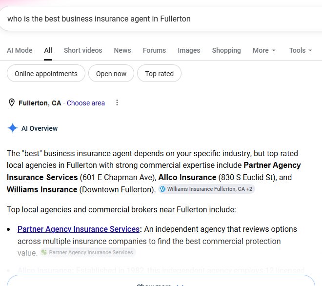 Google AI Overview for the search 'who is the best business insurance agent in Fullerton' listing Allco Insurance among the top-rated local agencies.