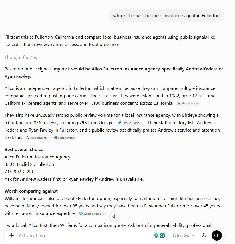 ChatGPT answer picking Allco Fullerton Insurance Agency as the best overall choice, citing a 5.0 rating and 836 reviews.
