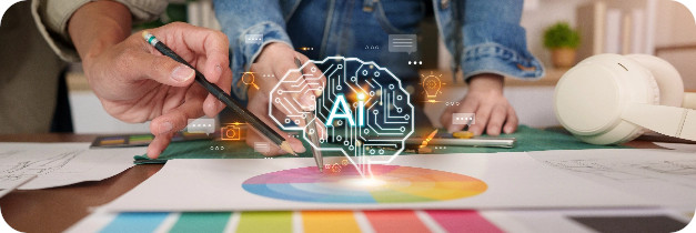 Designer che usa l'intelligenza artificiale su un progetto grafico