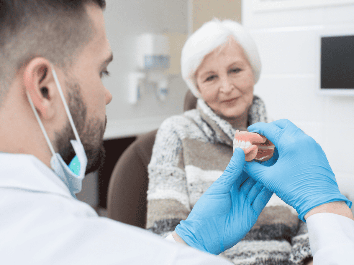 Close-up of full dentures showing teeth and gum base