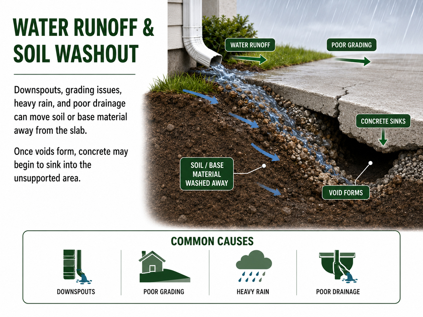 infographic explaining how water runoff and soil ashout can lead to damaged concrete