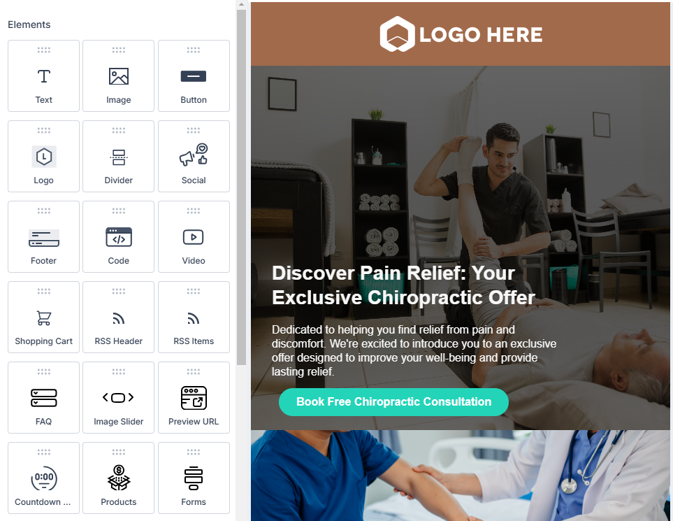 Drag and drop email campaign software editor with prebuilt elements and chiropractic email marketing template preview.