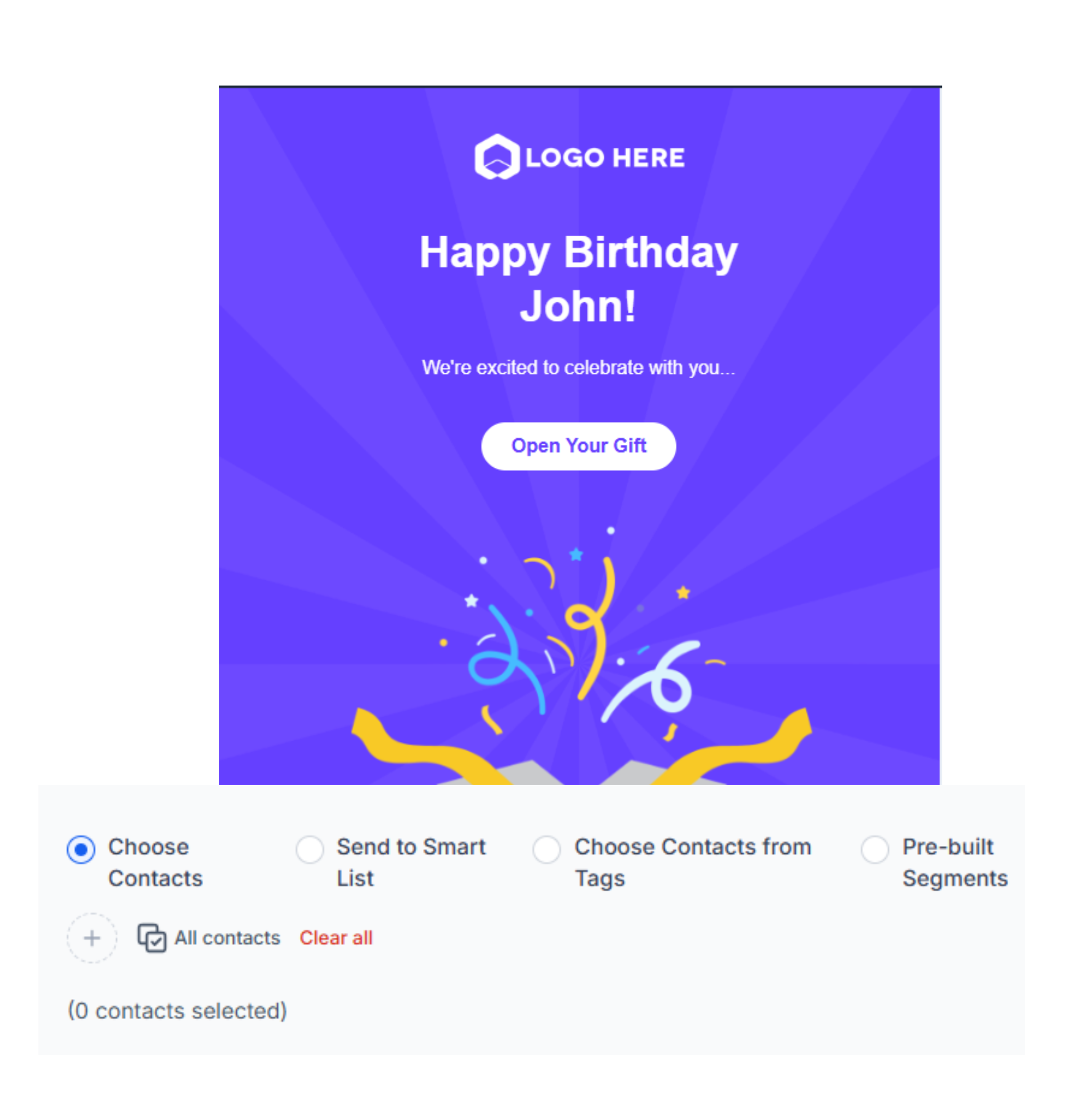 Screenshot of email campaign software showing targeted birthday message and contact segmentation filters.