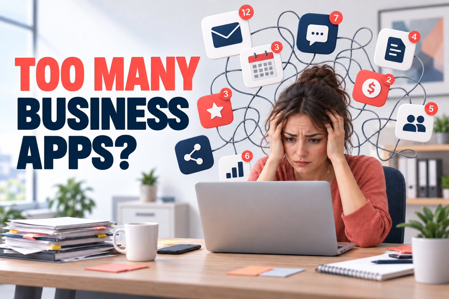 busy business woman managing multiple business apps at her desk