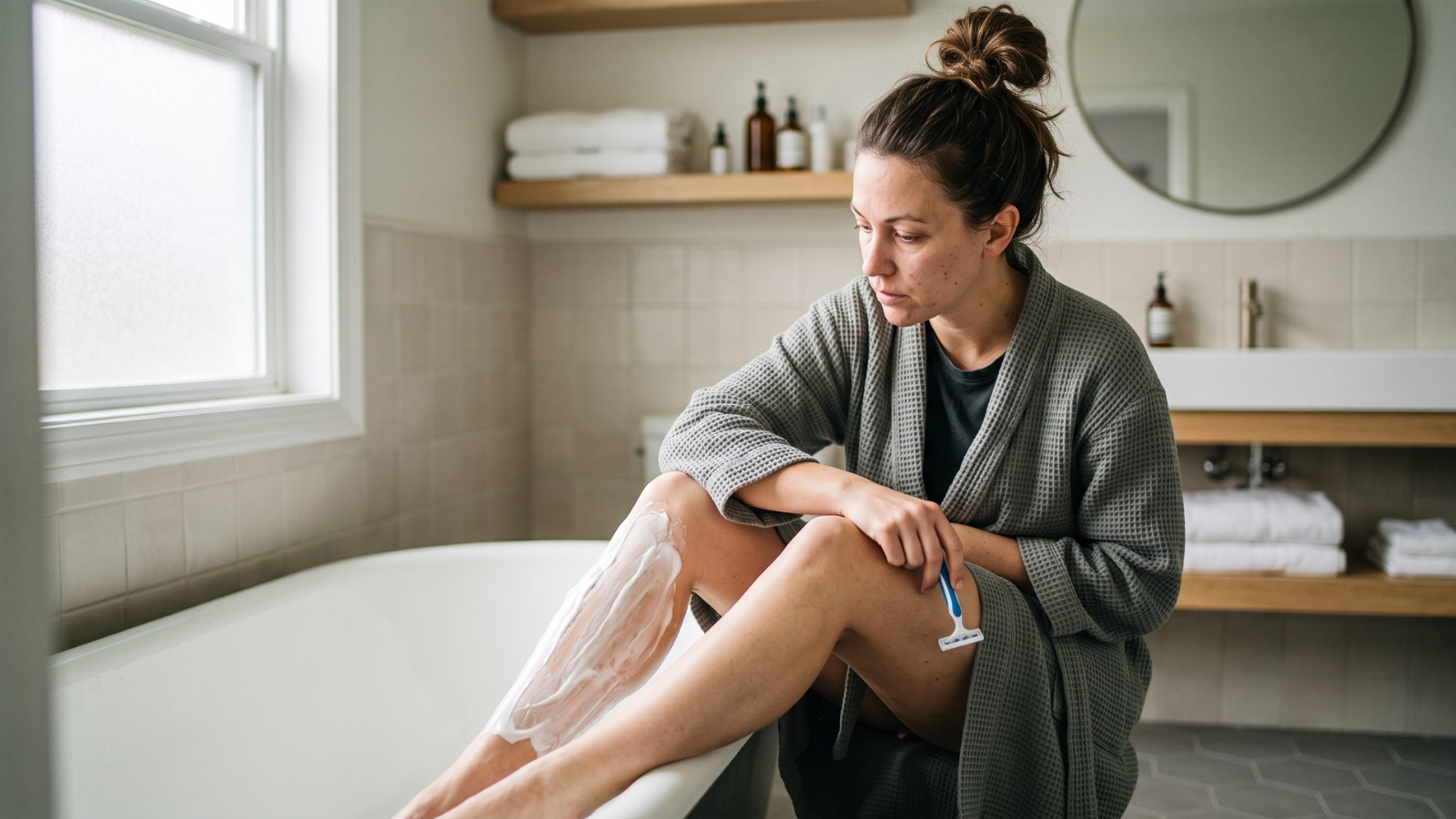Woman shaving one leg while comparing the results of shaving and professional body waxing