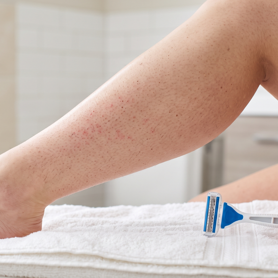 Close-up of mild razor burn and shaving irritation on a woman's leg before professional body waxing