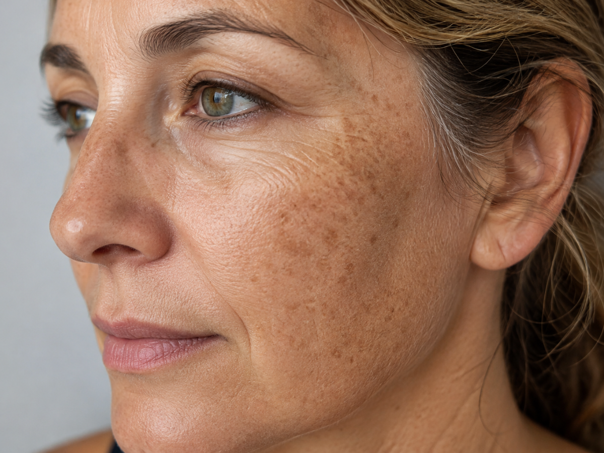 Woman with facial sun damage, age spots and uneven skin tone before IPL photofacial treatment Woman with facial sun damage, age spots and uneven skin tone before IPL photofacial treatment