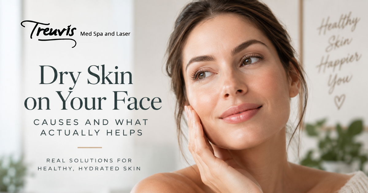 Woman touching hydrated facial skin for Treuvis Med Spa dry skin treatment blog