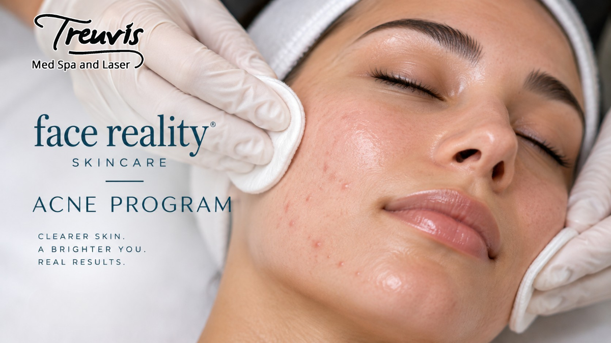Woman receiving a Face Reality Acne Program facial treatment at Treuvis Med Spa Woman receiving a Face Reality Acne Program facial treatment at Treuvis Med Spa