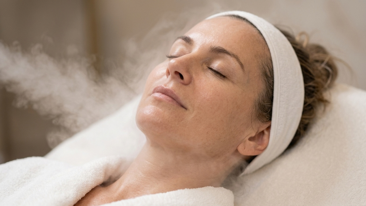 Woman relaxing during a facial steam treatment at Treuvis Med Spa in Clinton Township, MI Woman relaxing during a facial steam treatment at Treuvis Med Spa in Clinton Township, MI