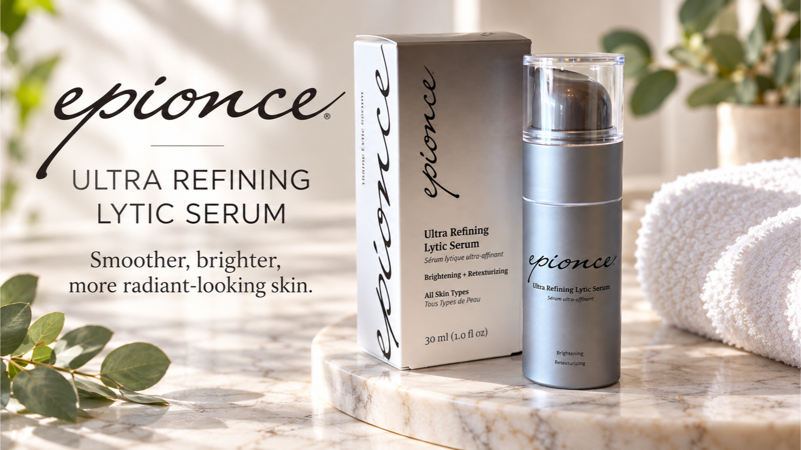 Epionce Ultra Refining Lytic Serum skincare bottle and packaging displayed in a spa setting, available at Treuvis Med Spa in Clinton Township, MI.