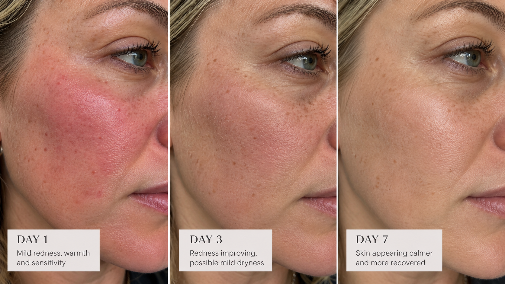 Illustration of microneedling recovery showing facial redness on day 1, reduced redness on day 3, and calmer skin by day 7