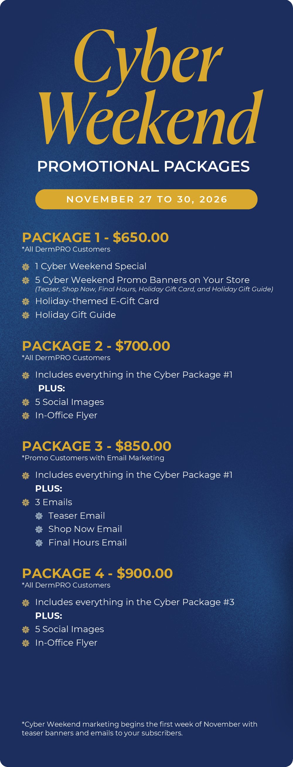 Cyber Weekend Promotional Packages, November 27 to 30, 2026. Package 1 $650.00, Package 2 $700.00, Package 3 $850.00, Package 4 $900.00.