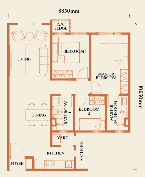 Type E2 three-bedroom floor plan without balcony
