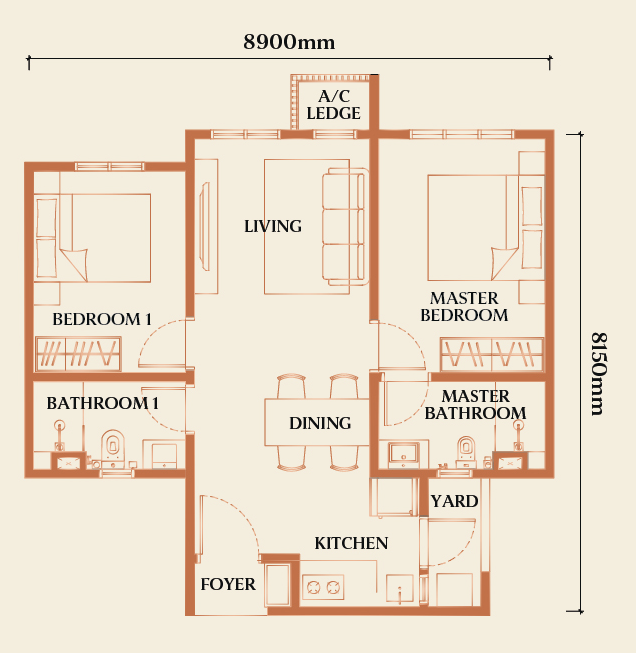 Type D2 two-bedroom corner floor plan
