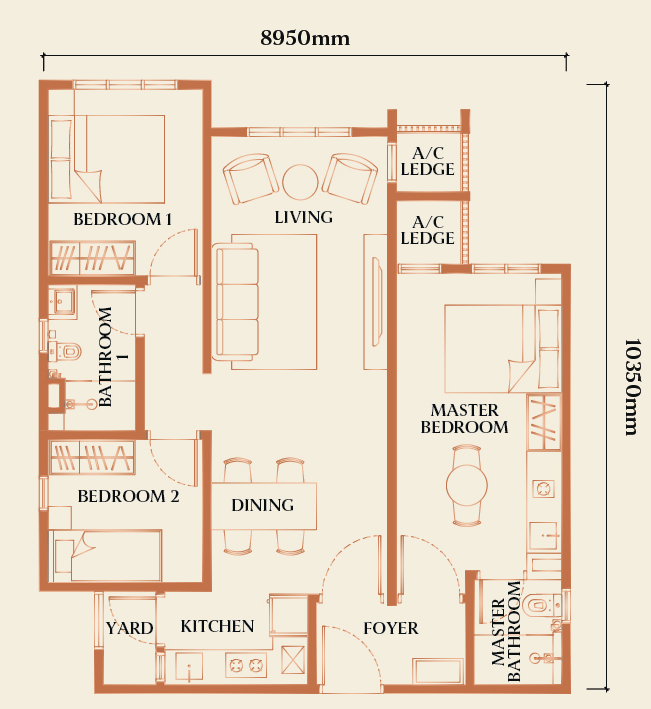 Type F2 three-bedroom dual-key floor plan without balcony