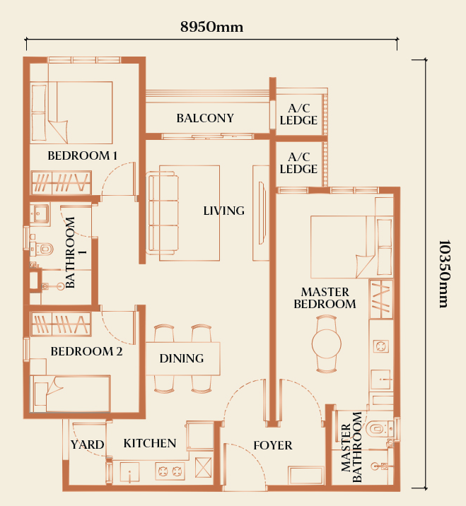 Type F 3 Bedroom Dual-Key 850 sqft floor plan
