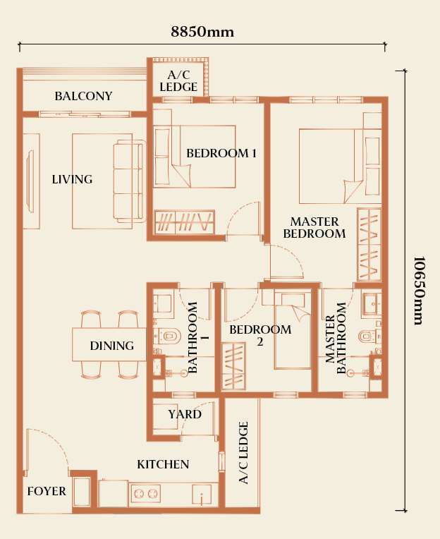Type E 3 Bedroom 850 sqft floor plan