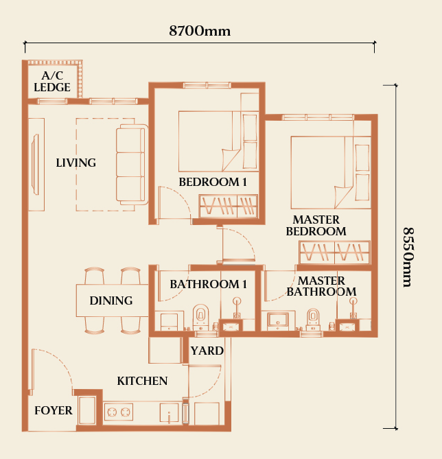 Type D 2 Bedroom 667 sqft floor plan