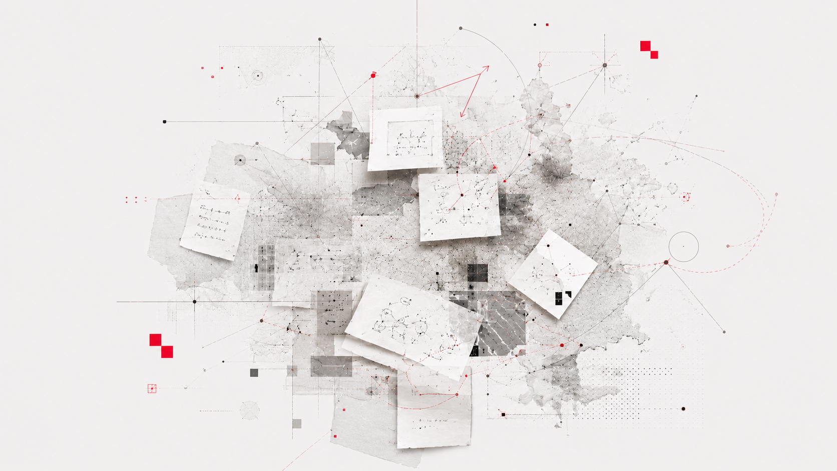 Composición abstracta de notas, diagramas y conexiones visuales que representa la complejidad estratégica y el ruido de información en una marca.