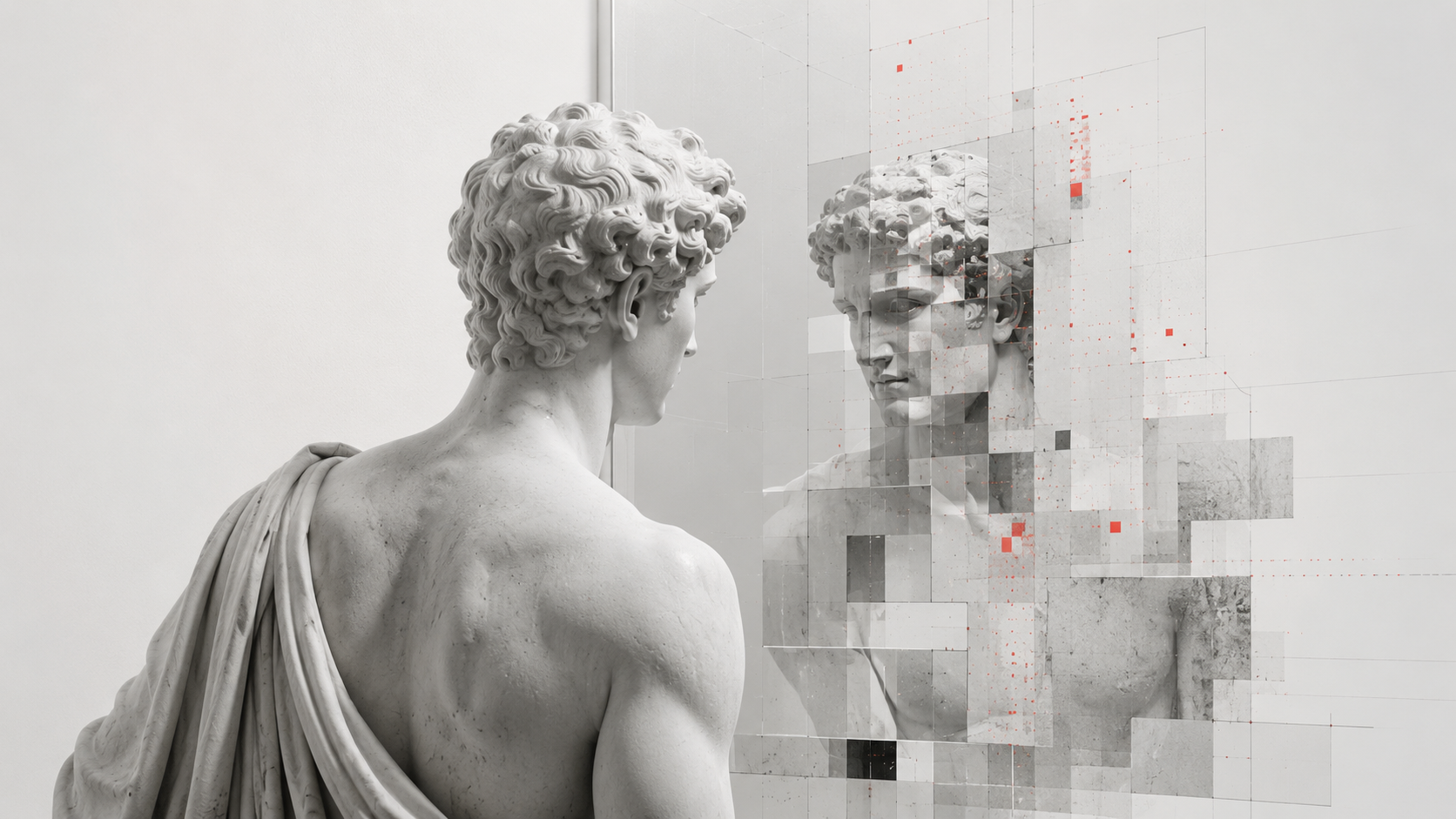 Escultura clásica observando un reflejo fragmentado como representación de la diferencia entre identidad e interpretación.