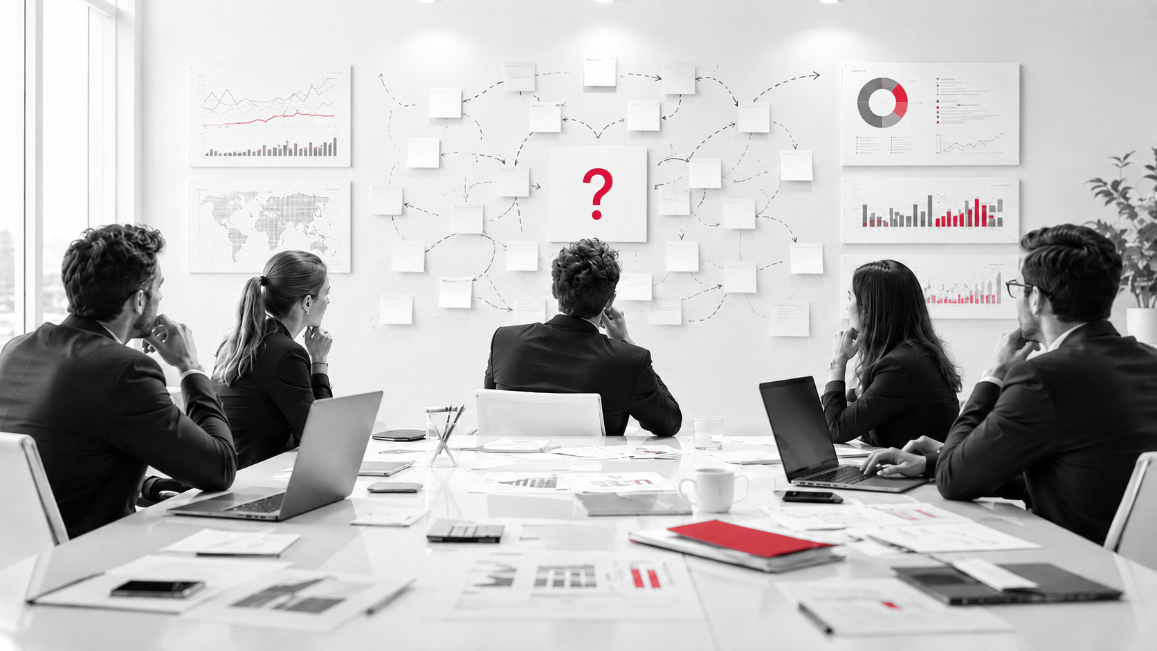 Equipo empresarial evaluando múltiples caminos sin una dirección estratégica clara.