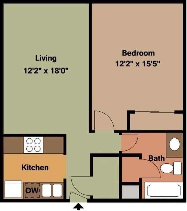 One-bedroom floor plan: living room 12 ft 2 in by 18 ft, bedroom 12 ft 2 in by 15 ft 5 in, kitchen and one bathroom