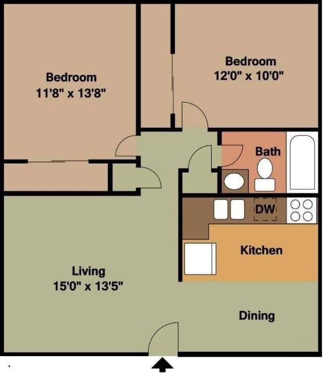 Two-bedroom floor plan: living room 15 ft by 13 ft 5 in, bedrooms 11 ft 8 in by 13 ft 8 in and 12 by 10 ft, kitchen, dining area and one bathroom