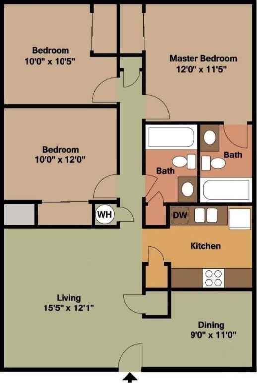 Three-bedroom floor plan: living room 15 ft 5 in by 12 ft 1 in, three bedrooms, two bathrooms, kitchen and dining room