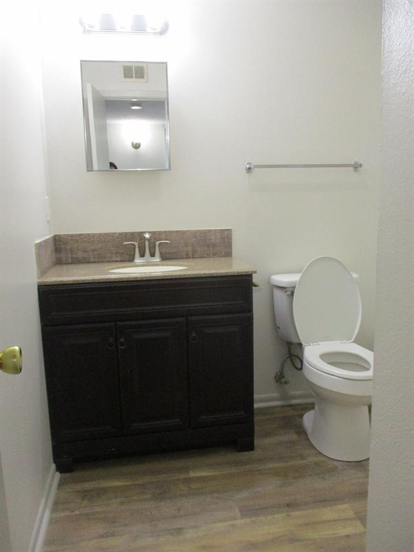 Updated bathroom with a new dark vanity