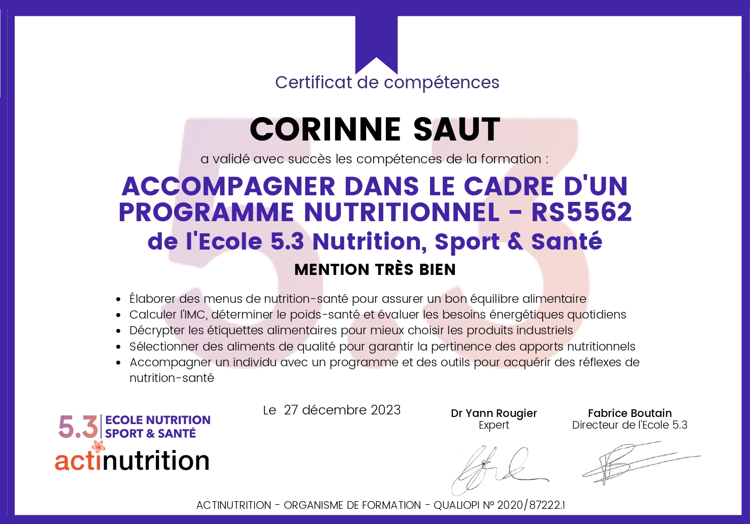 Certificat Programme Nutritionnel RS5562