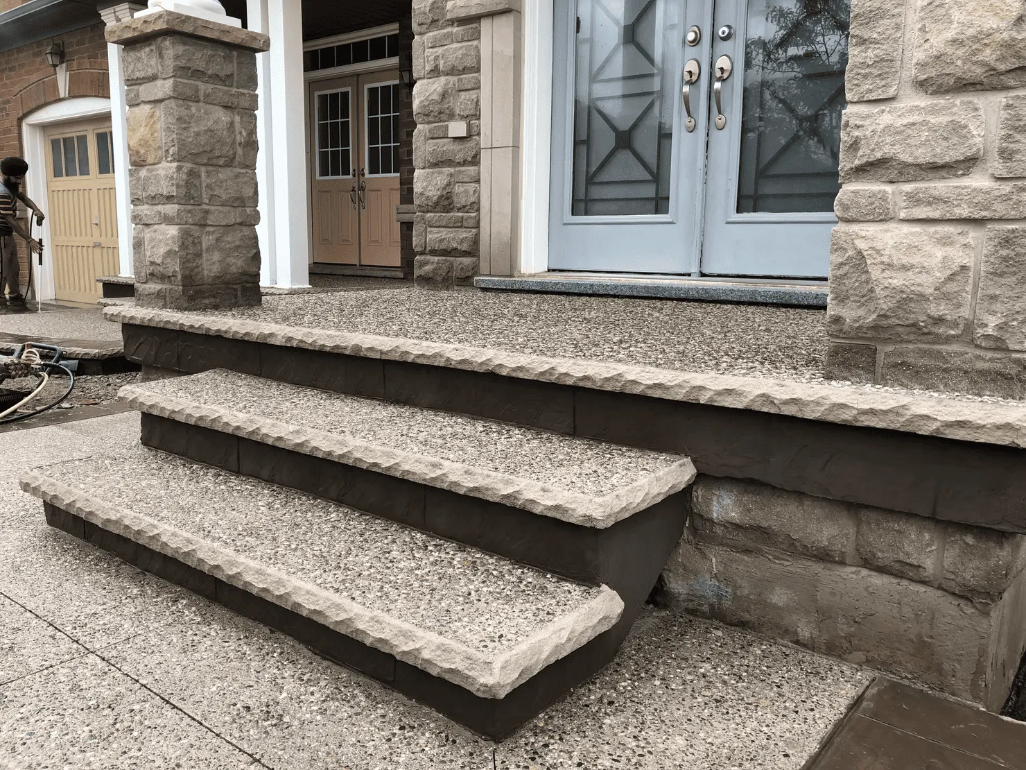 Close view of straight exposed aggregate steps