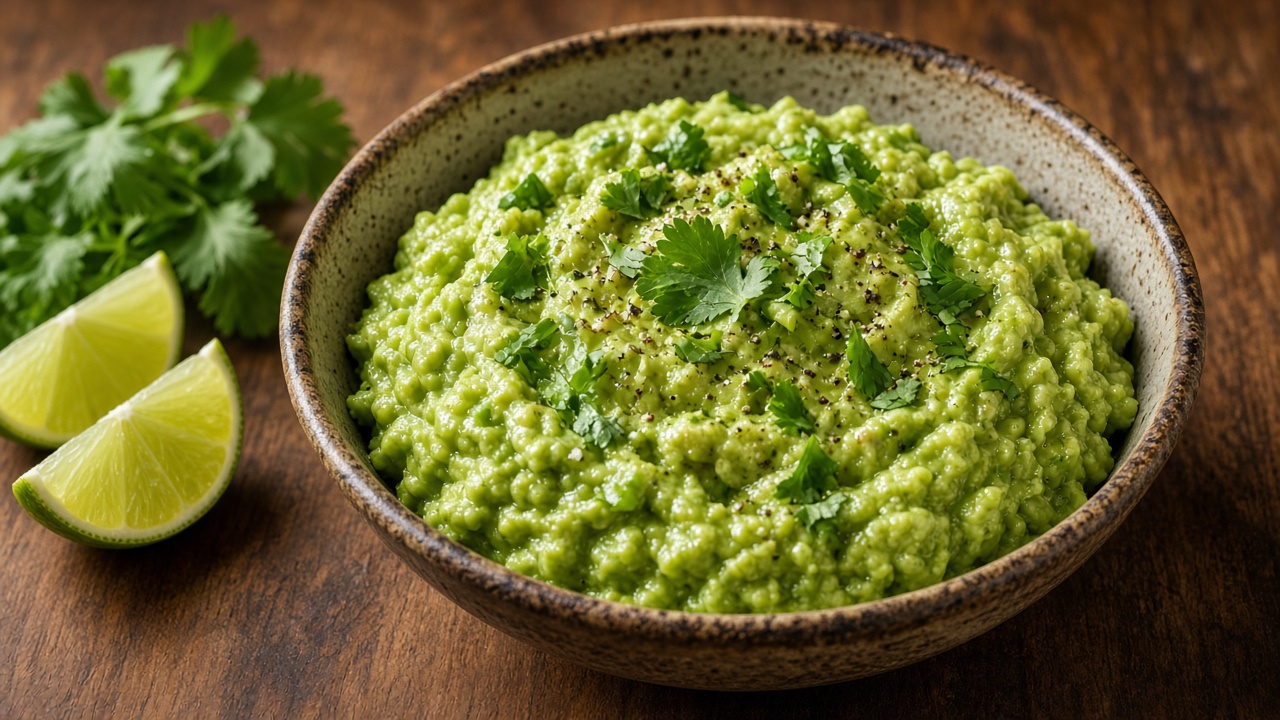 Creamy mashed guacamole in a bowl with lime and cilantro