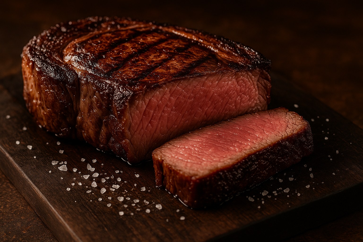 Thick reverse-seared ribeye sliced to show pink center and dark crust on a cutting board with coarse salt