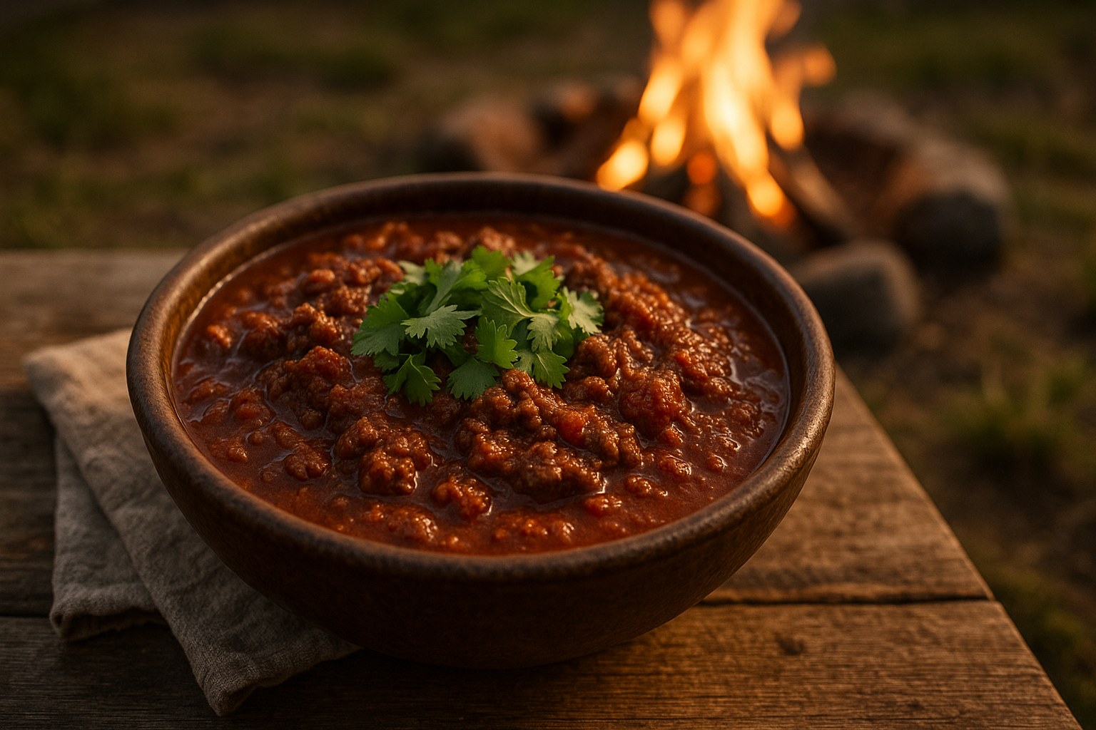 Bowl of no-bean beef chili topped with cilantro