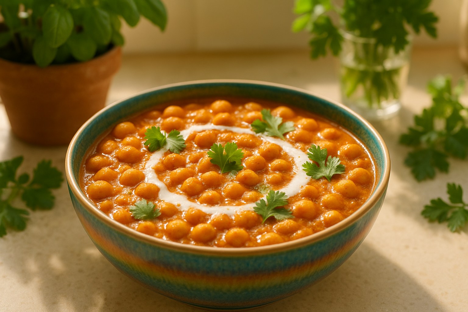 Bowl of creamy chickpea curry garnished with cilantro