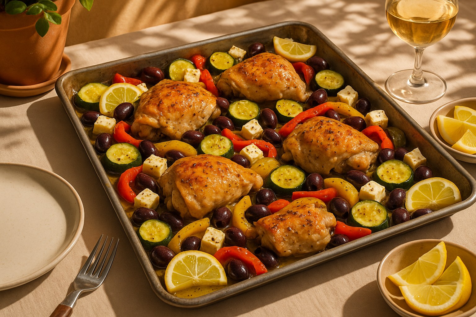 Golden roasted chicken thighs with caramelized potatoes, carrots, and red onion