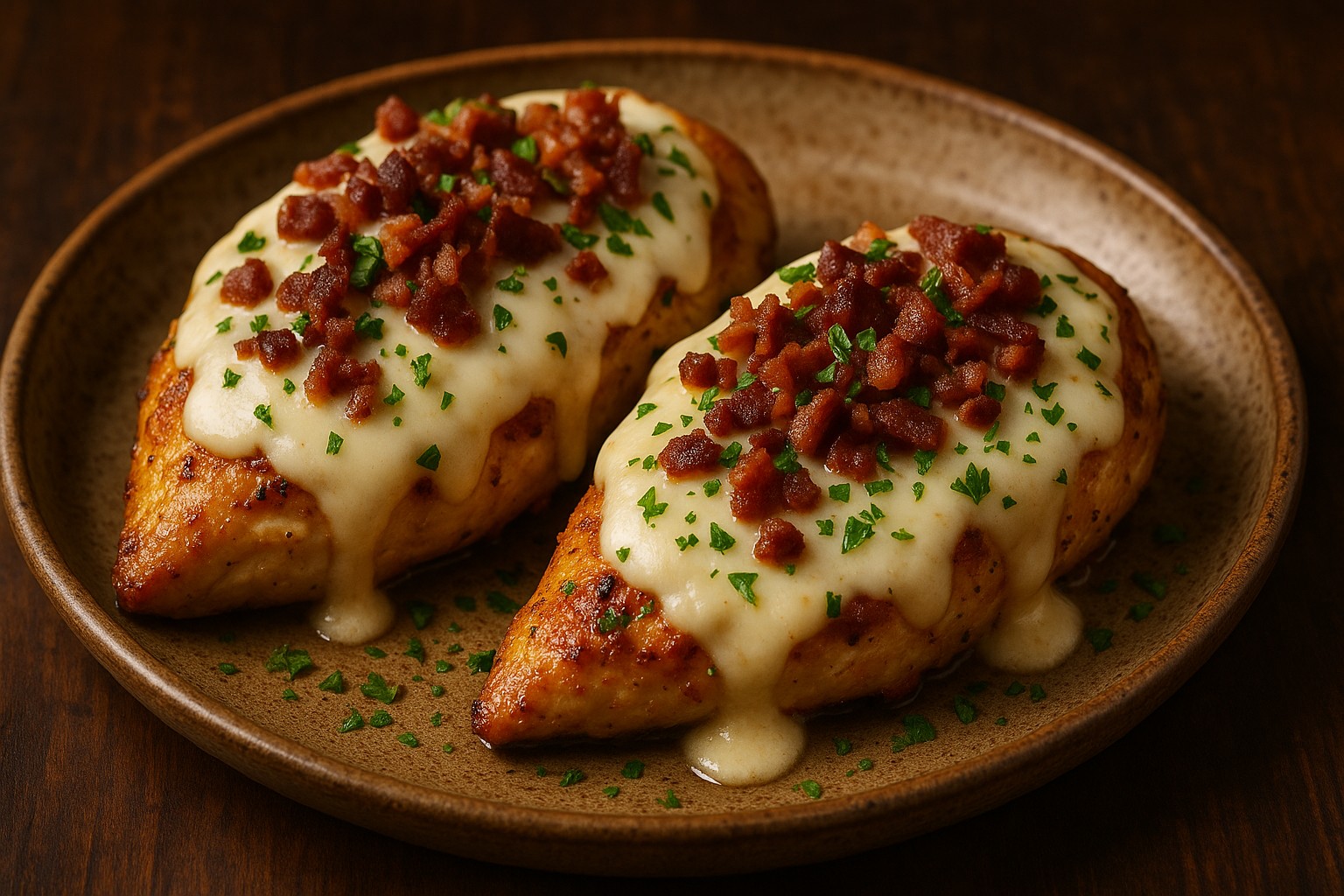 Baked ranch chicken breasts on a rustic plate with thick creamy ranch mozzarella topping, chopped bacon, and fresh herbs