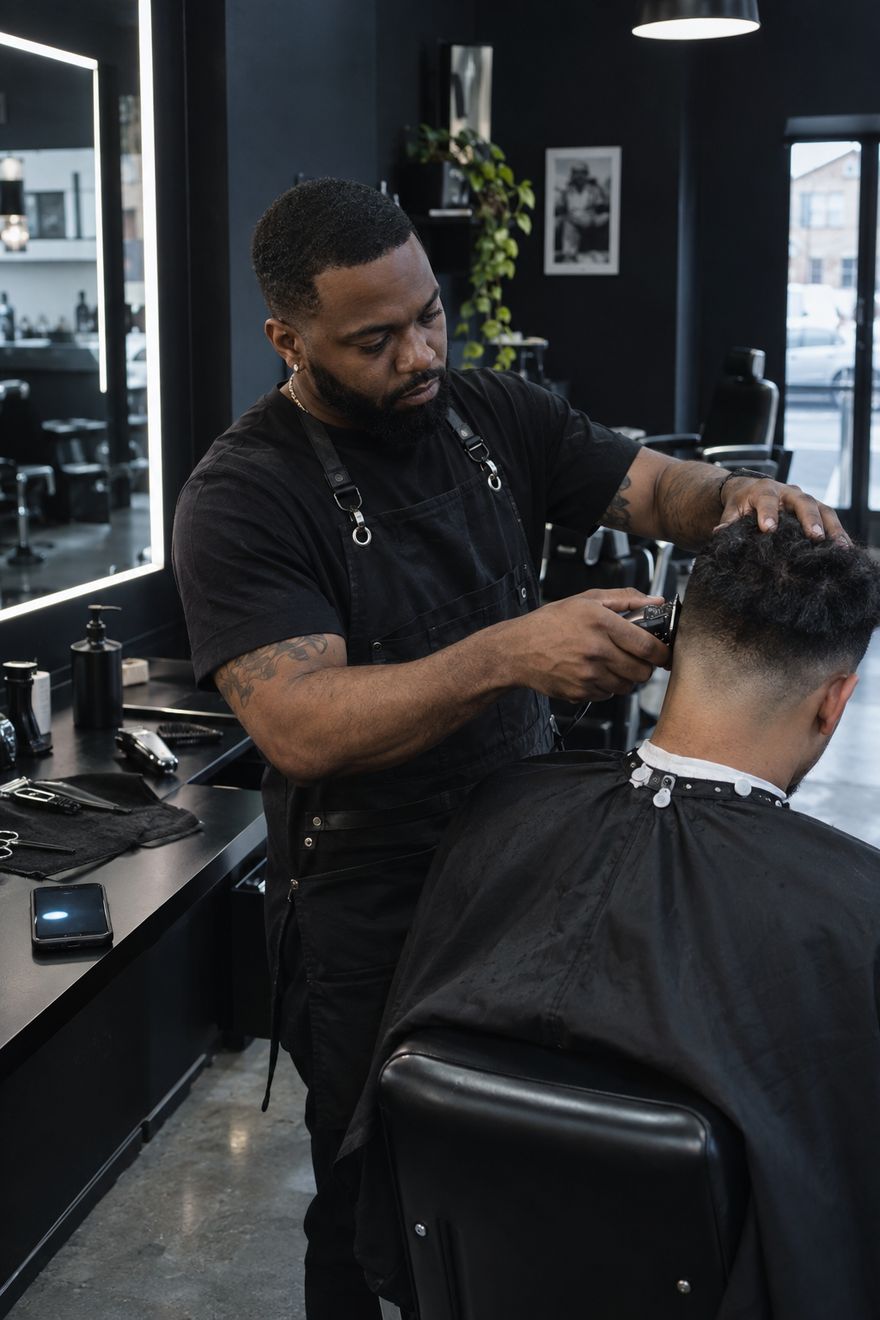 A barber finishing a skin fade in a modern black-walled shop while his phone lights up on the counter.