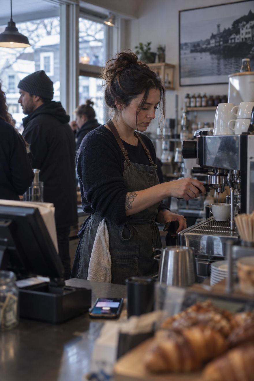 A cafe owner pulling an espresso shot during the morning rush.