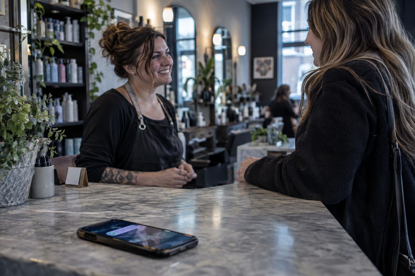 A salon owner talking with a customer at the counter while her phone lights up with a new message.