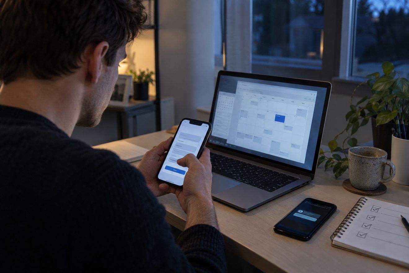 Someone testing a booking form on a phone, with the new appointment showing on a laptop calendar and a test text arriving on a second phone.