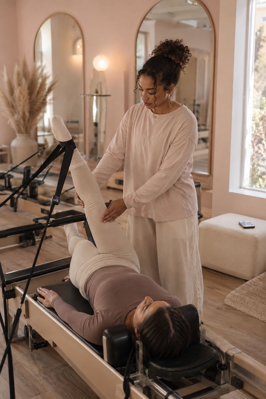 A pilates studio owner guiding a client on a reformer in a blush pink studio.