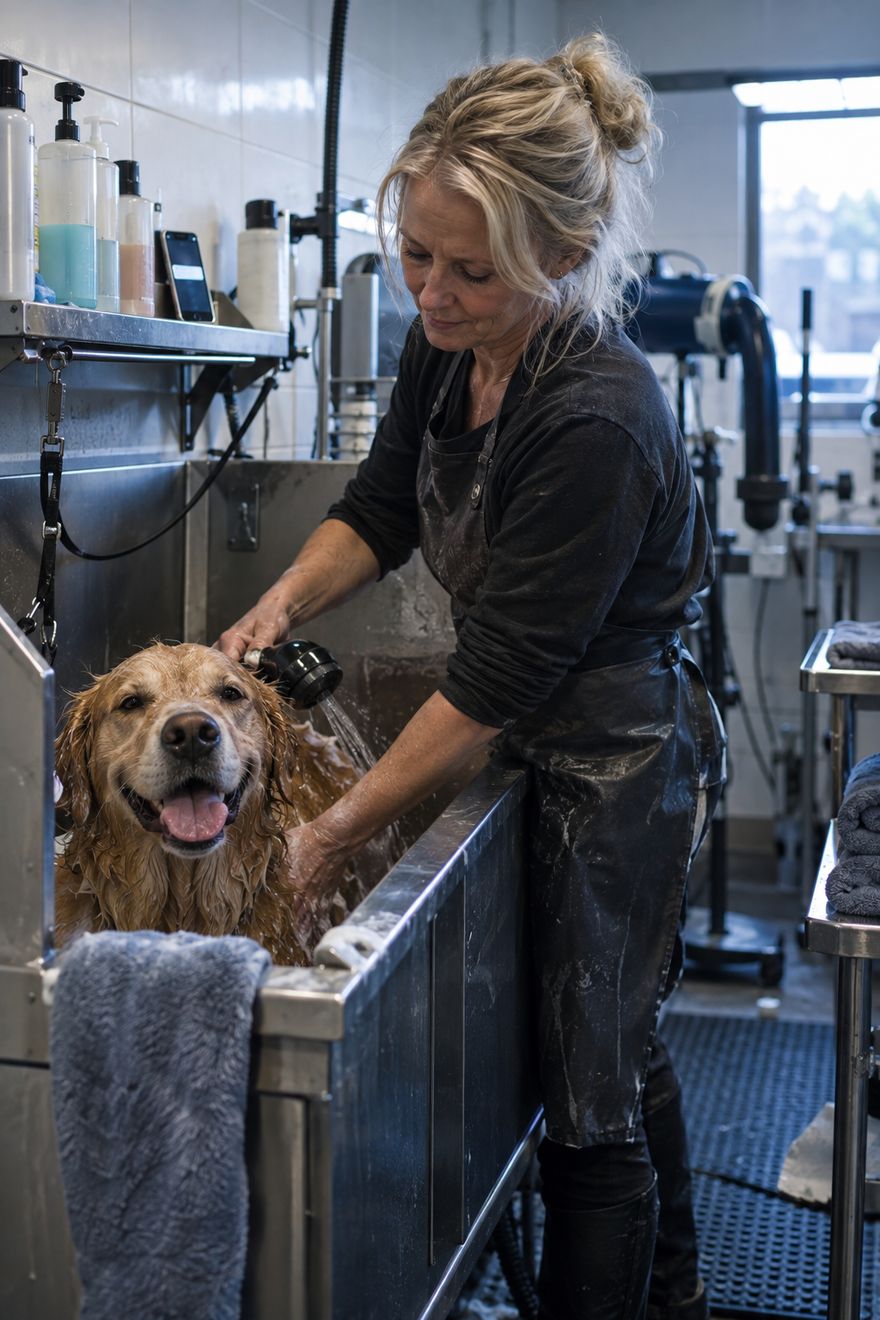A dog groomer bathing a golden retriever in a stainless steel tub.