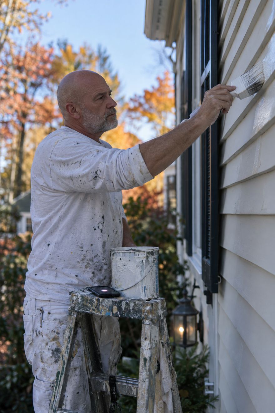 A painter brushing a second coat onto the clapboard siding of a house.