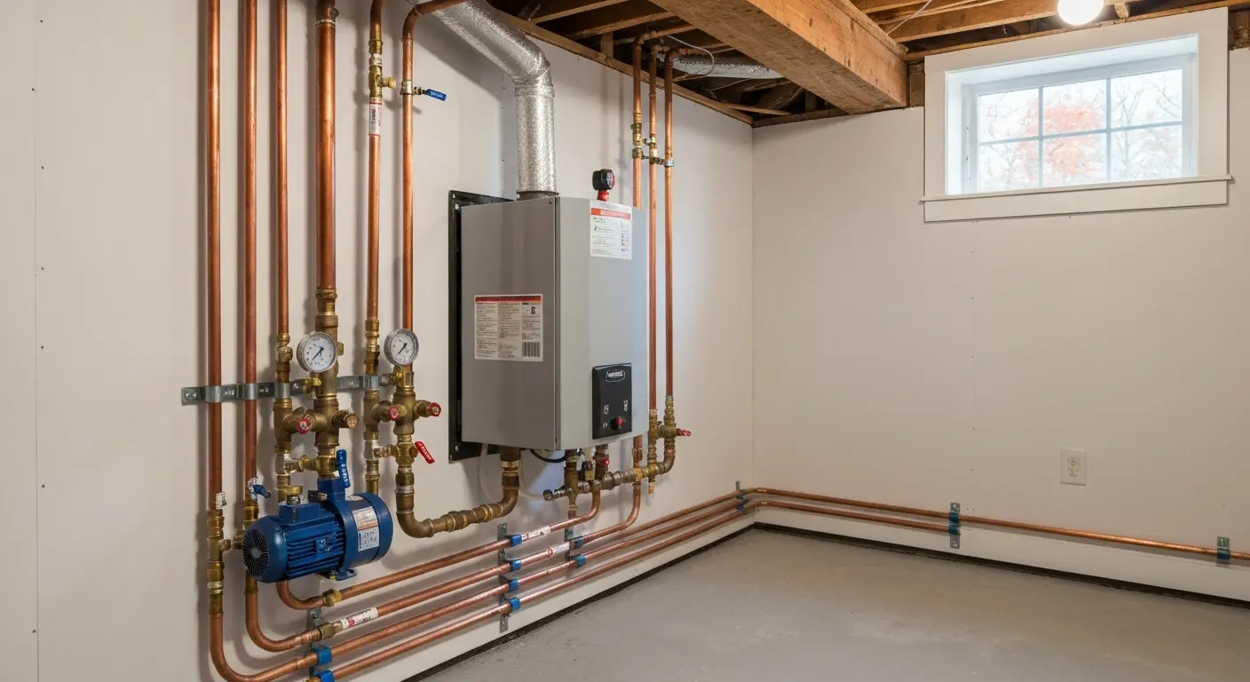 Hydronic heating boiler and pump installation